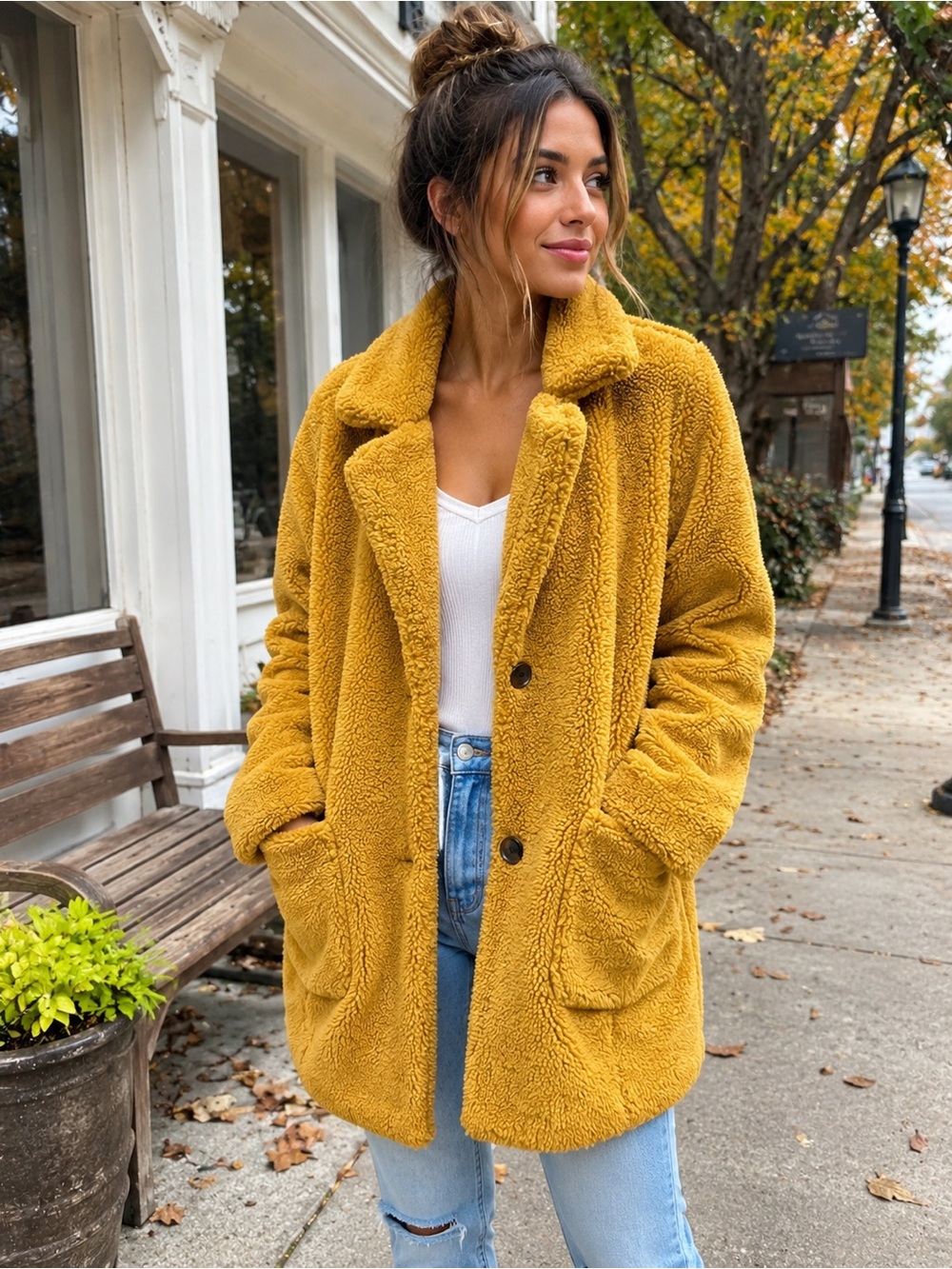 Mustard Teddy Sherpa Coat/Oversized Button Front Jacket/ Soft Fleece w Pockets